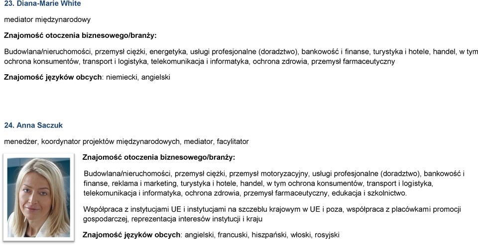 Anna Saczuk menedżer, koordynator projektów międzynarodowych, mediator, facylitator Budowlana/nieruchomości, przemysł ciężki, przemysł motoryzacyjny, usługi profesjonalne (doradztwo), bankowość i