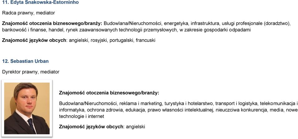 12. Sebastian Urban Dyrektor prawny, mediator Budowlana/Nieruchomości, reklama i marketing, turystyka i hotelarstwo, transport i logistyka,