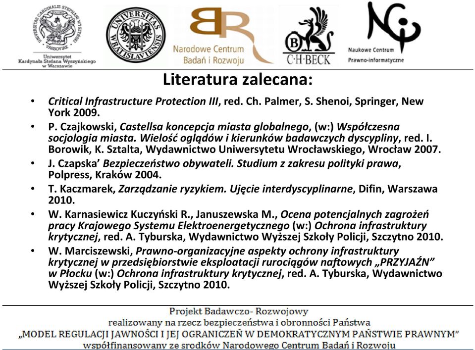 Studium z zakresu polityki prawa, Polpress, Kraków 2004. T. Kaczmarek, Zarządzanie ryzykiem. Ujęcie interdyscyplinarne, Difin, Warszawa 2010. W. Karnasiewicz Kuczyński R., Januszewska M.