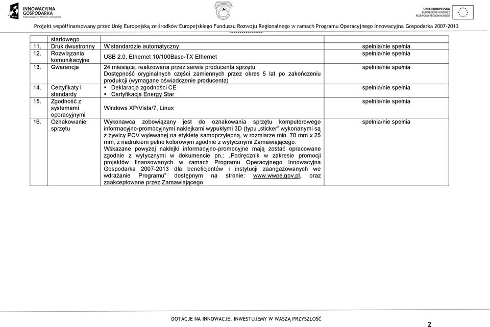 Certyfikaty i Deklaracja zgodności CE standardy Certyfikacja Energy Star 15. Zgodność z systemami Windows XP/Vista/7, Linux operacyjnymi 16.