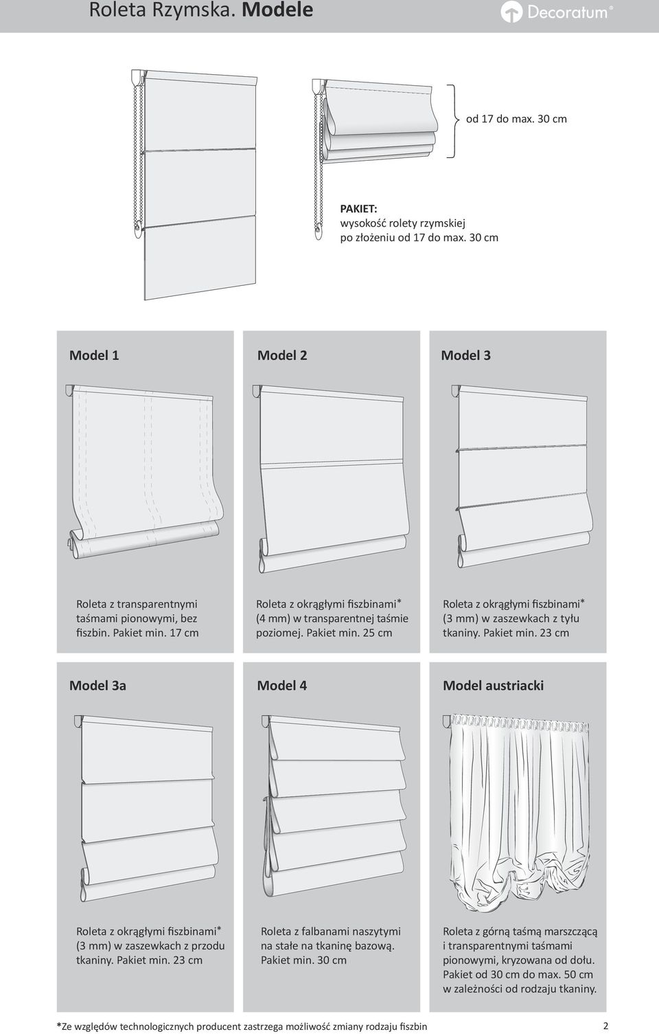 Pakiet min. 23 cm Roleta z falbanami naszytymi na stałe na tkaninę bazową. Pakiet min. 30 cm Roleta z górną taśmą marszczącą i transparentnymi taśmami pionowymi, kryzowana od dołu.