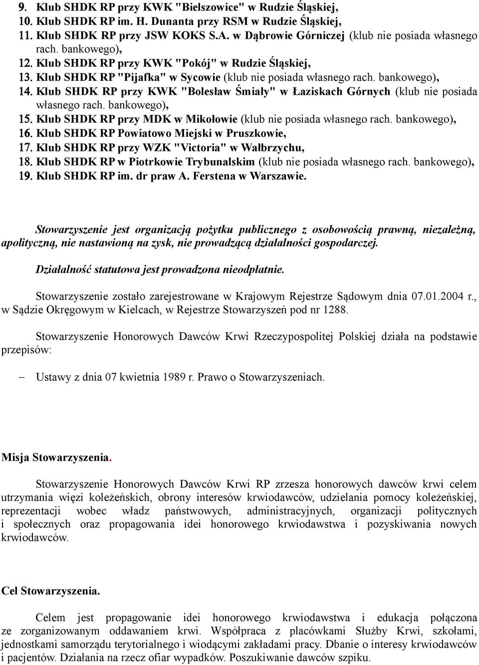 bankowego), 14. Klub SHDK RP przy KWK "Bolesław Śmiały" w Łaziskach Górnych (klub nie posiada własnego rach. bankowego), 15. Klub SHDK RP przy MDK w Mikołowie (klub nie posiada własnego rach.