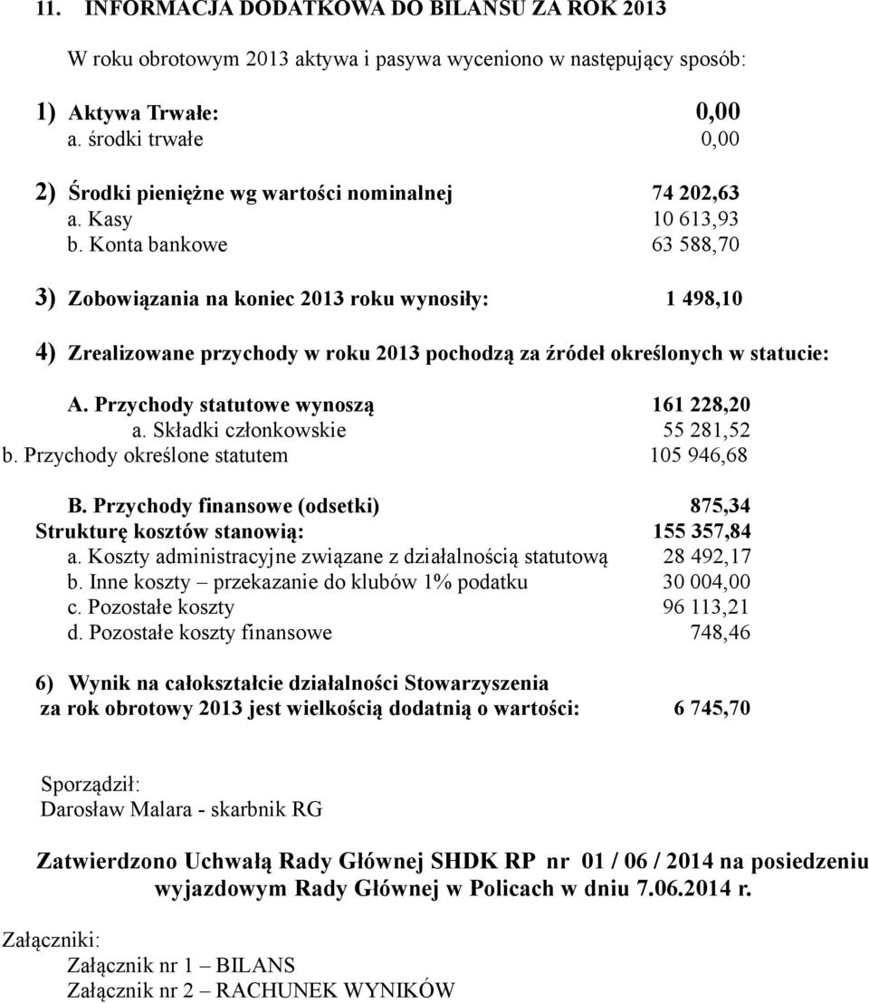 Konta bankowe 63 588,70 3) Zobowiązania na koniec 2013 roku wynosiły: 1 498,10 4) Zrealizowane przychody w roku 2013 pochodzą za źródeł określonych w statucie: A.