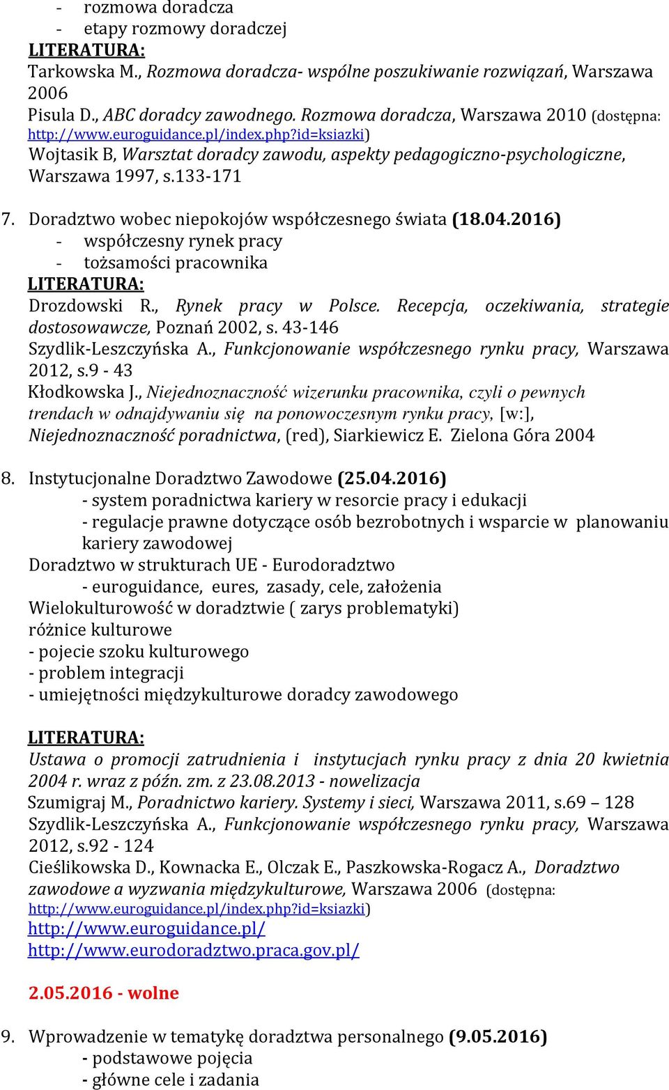 Doradztwo wobec niepokojów współczesnego świata (18.04.2016) - współczesny rynek pracy - tożsamości pracownika Drozdowski R., Rynek pracy w Polsce.