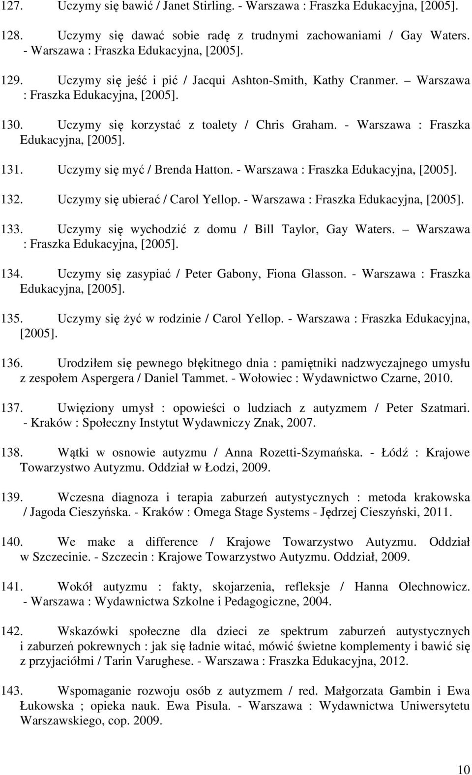 Uczymy się myć / Brenda Hatton. - Warszawa : Fraszka Edukacyjna, [2005]. 132. Uczymy się ubierać / Carol Yellop. - Warszawa : Fraszka Edukacyjna, [2005]. 133.