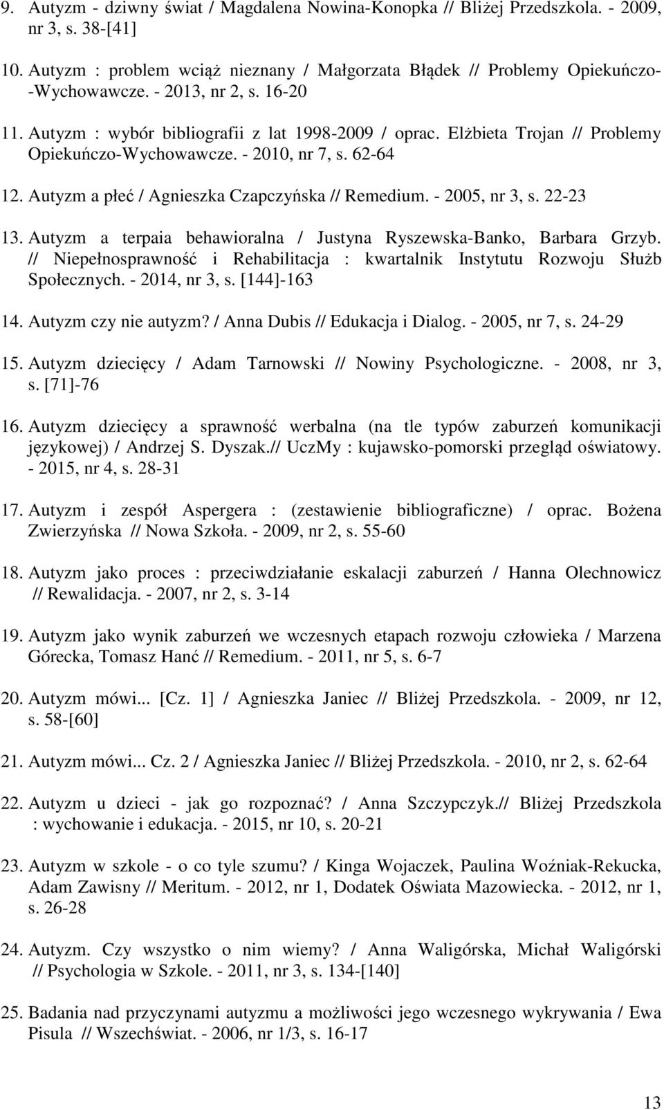 Autyzm a płeć / Agnieszka Czapczyńska // Remedium. - 2005, nr 3, s. 22-23 13. Autyzm a terpaia behawioralna / Justyna Ryszewska-Banko, Barbara Grzyb.
