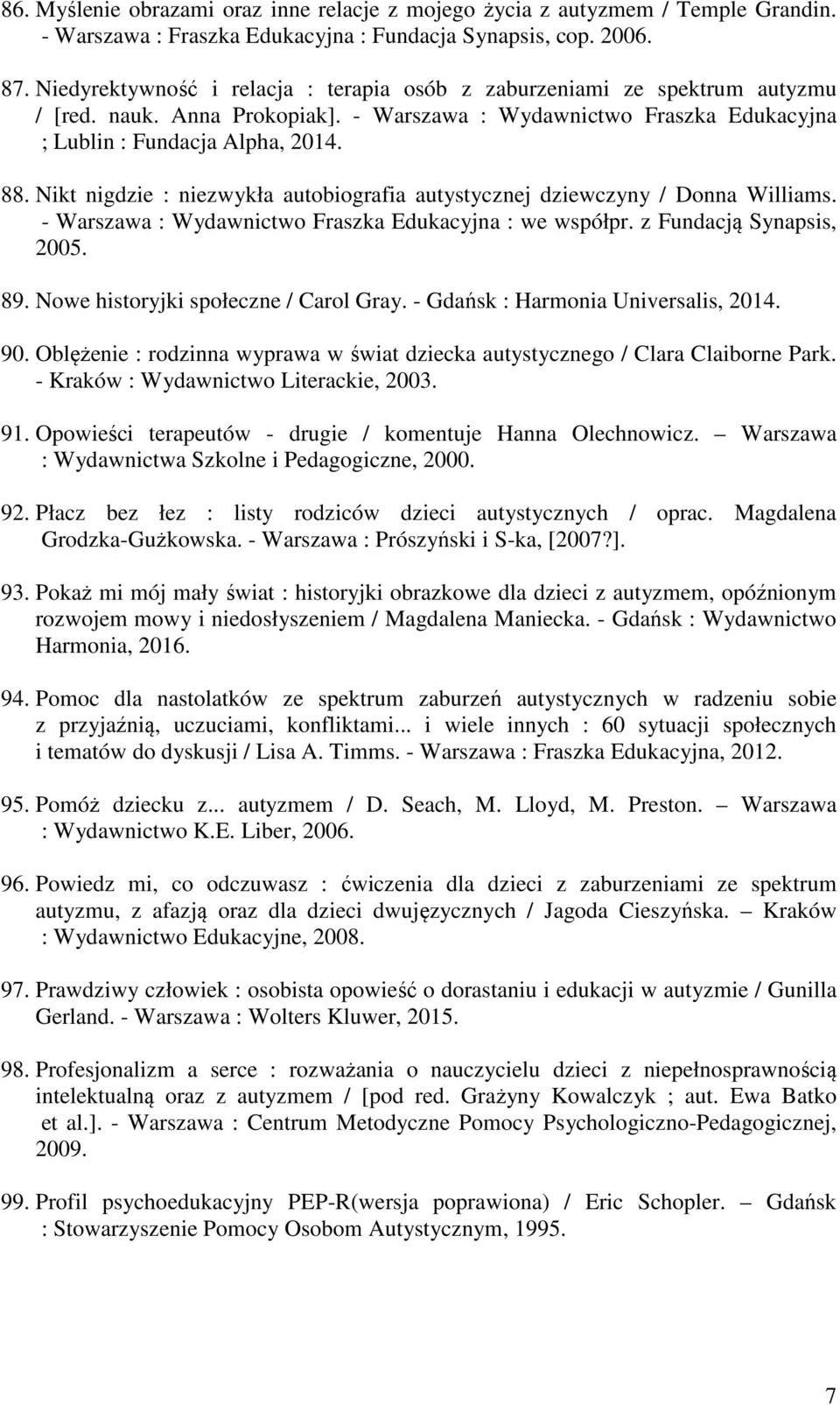 Nikt nigdzie : niezwykła autobiografia autystycznej dziewczyny / Donna Williams. - Warszawa : Wydawnictwo Fraszka Edukacyjna : we współpr. z Fundacją Synapsis, 2005. 89.