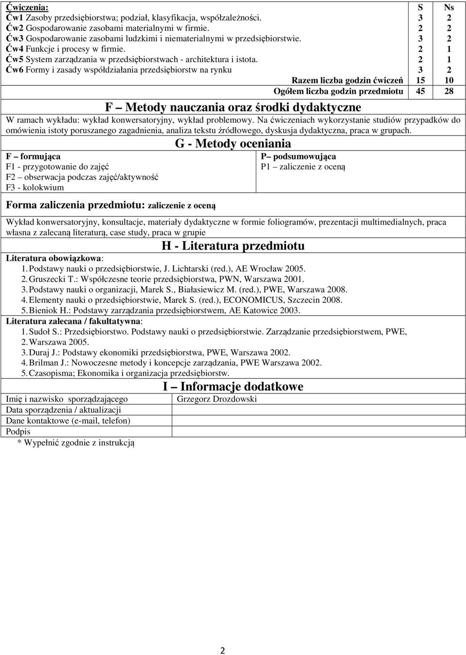 Ćw6 Formy i zasady współdziałania przedsiębiorstw na rynku Razem liczba godzin ćwiczeń Ogółem liczba godzin przedmiotu 5 8 F Metody nauczania oraz środki dydaktyczne W ramach wykładu: wykład