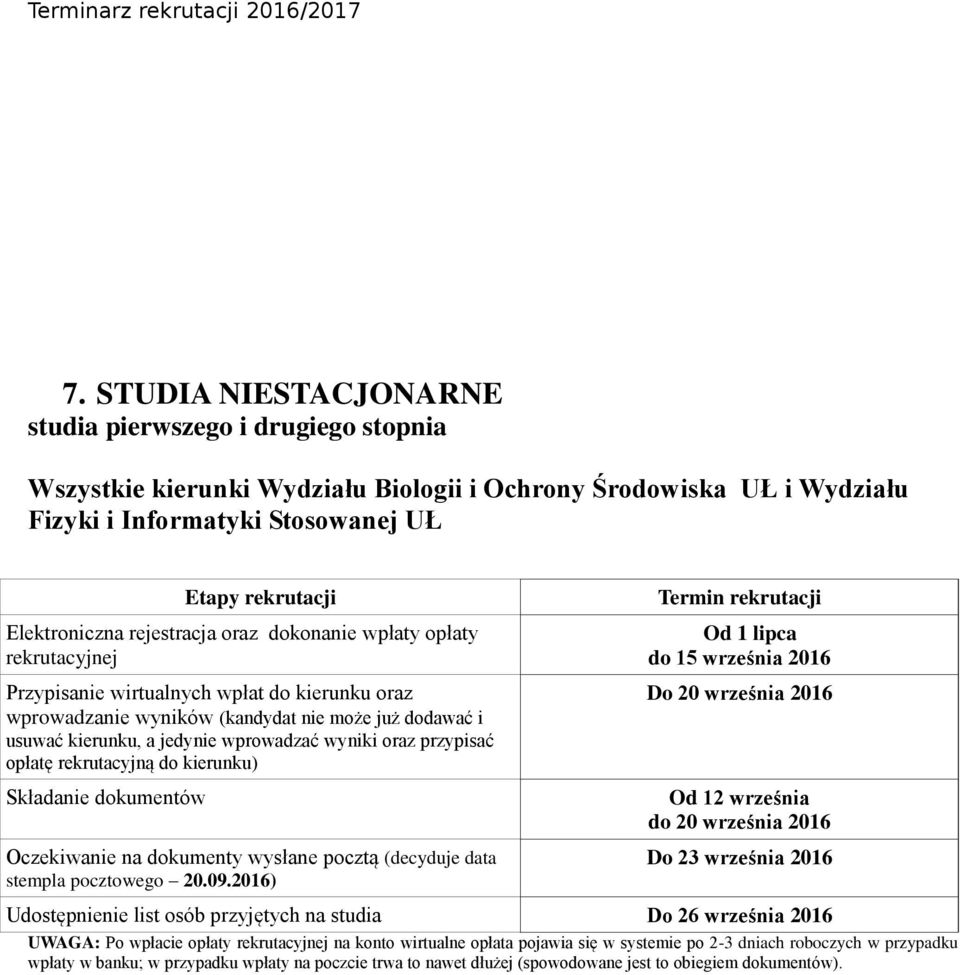 kierunku, a jedynie wprowadzać wyniki oraz przypisać opłatę rekrutacyjną do kierunku) stempla pocztowego 20.09.