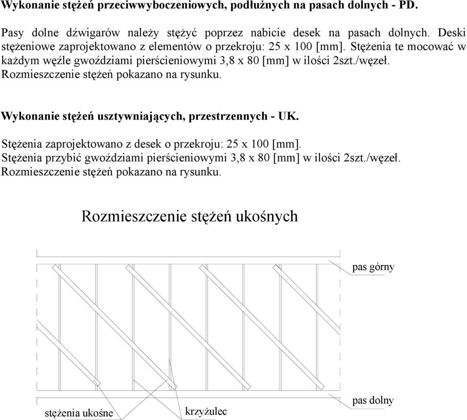 Stężenia te mocować w każdym węźle gwoździami pierścieniowymi 3,8 x 80 [mm] w ilości 2szt./węzeł.