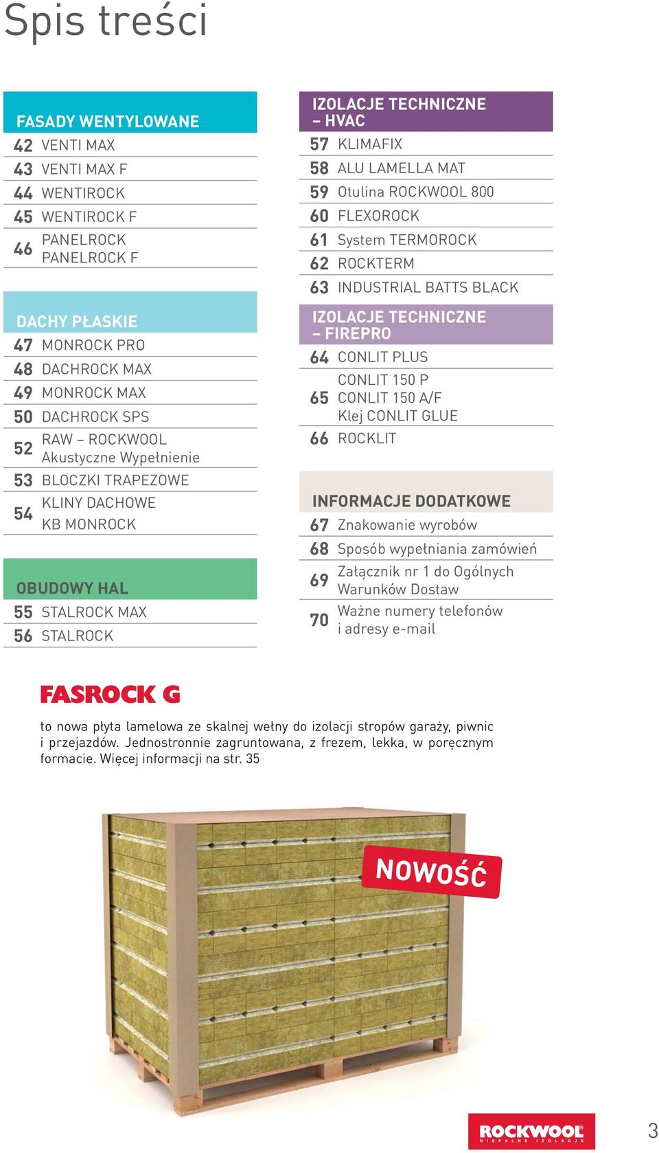 FLEXOROCK 61 System TERMOROCK 62 ROCKTERM 6 INDUSTRIAL BATTS BLACK IZOLACJE TECHNICZNE FIREPRO 64 CONLIT PLUS CONLIT 150 P 65 CONLIT 150 A/F Klej CONLIT GLUE 66 ROCKLIT INFORMACJE DODATKOWE 67