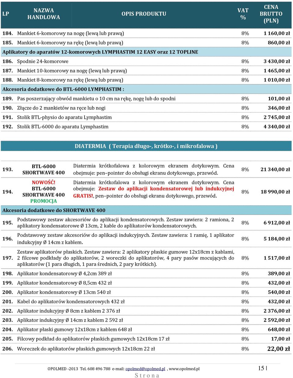 Mankiet 8-komorowy na rękę (lewą lub prawą) 8 1010,00 zł Akcesoria dodatkowe do BTL-6000 LYMPHASTIM : 189. Pas poszerzający obwód mankietu o 10 cm na rękę, nogę lub do spodni 8 101,00 zł 190.