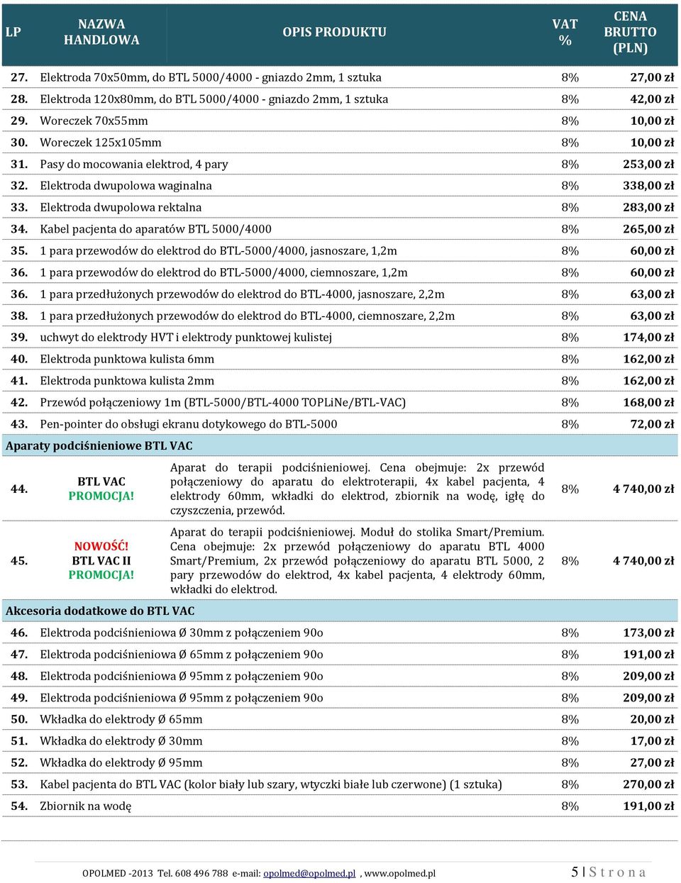Kabel pacjenta do aparatów BTL 5000/4000 8 265,00 zł 35. 1 para przewodów do elektrod do BTL-5000/4000, jasnoszare, 1,2m 8 60,00 zł 36.
