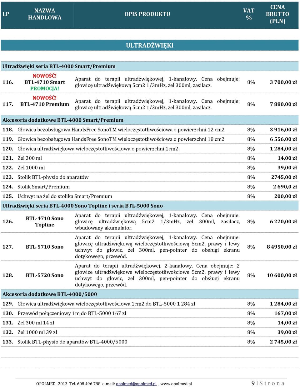 8 3 700,00 zł 8 7 880,00 zł Akcesoria dodatkowe BTL-4000 Smart/Premium 118. Głowica bezobsługowa HandsFree SonoTM wieloczęstotliwościowa o powierzchni 12 cm2 8 3 916,00 zł 119.