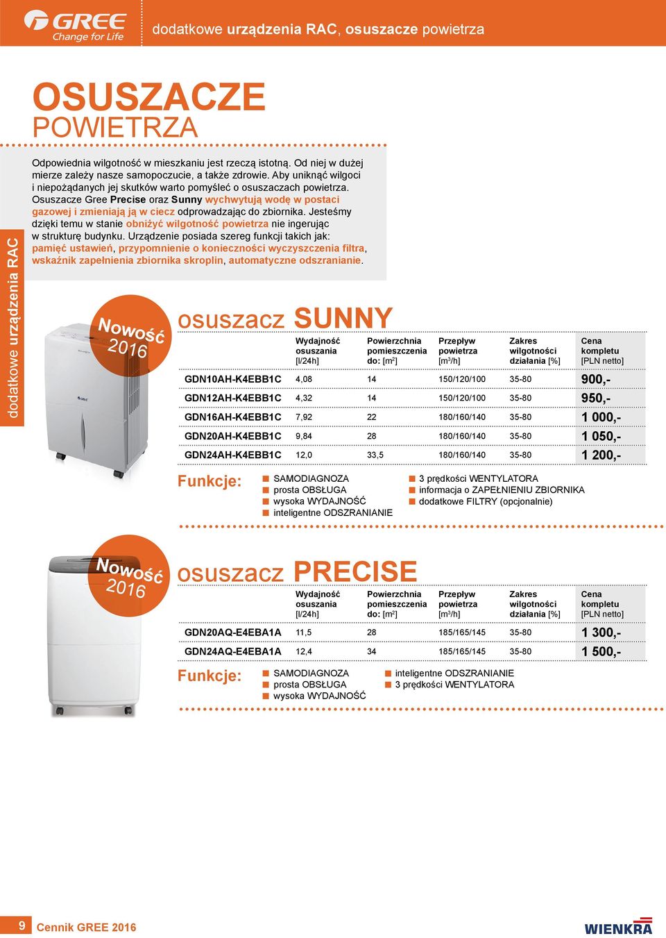 Osuszacze Gree Precise oraz Sunny wychwytują wodę w postaci gazowej i zmieniają ją w ciecz odprowadzając do zbiornika.