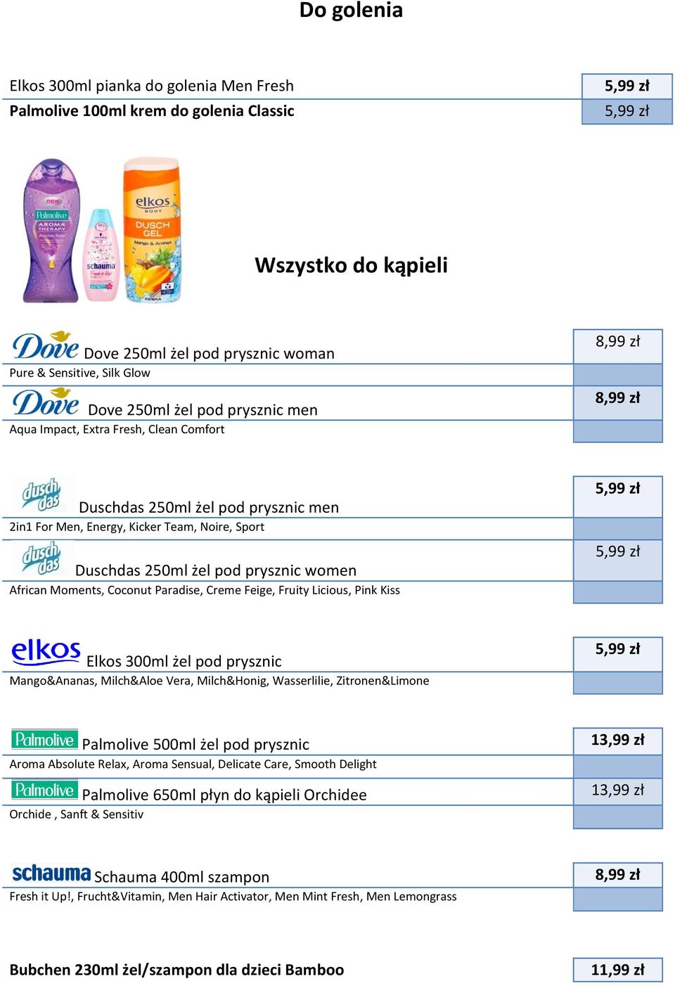 Paradise, Creme Feige, Fruity Licious, Pink Kiss Elkos 300ml żel pod prysznic Mango&Ananas, Milch&Aloe Vera, Milch&Honig, Wasserlilie, Zitronen&Limone Palmolive 500ml żel pod prysznic Aroma Absolute