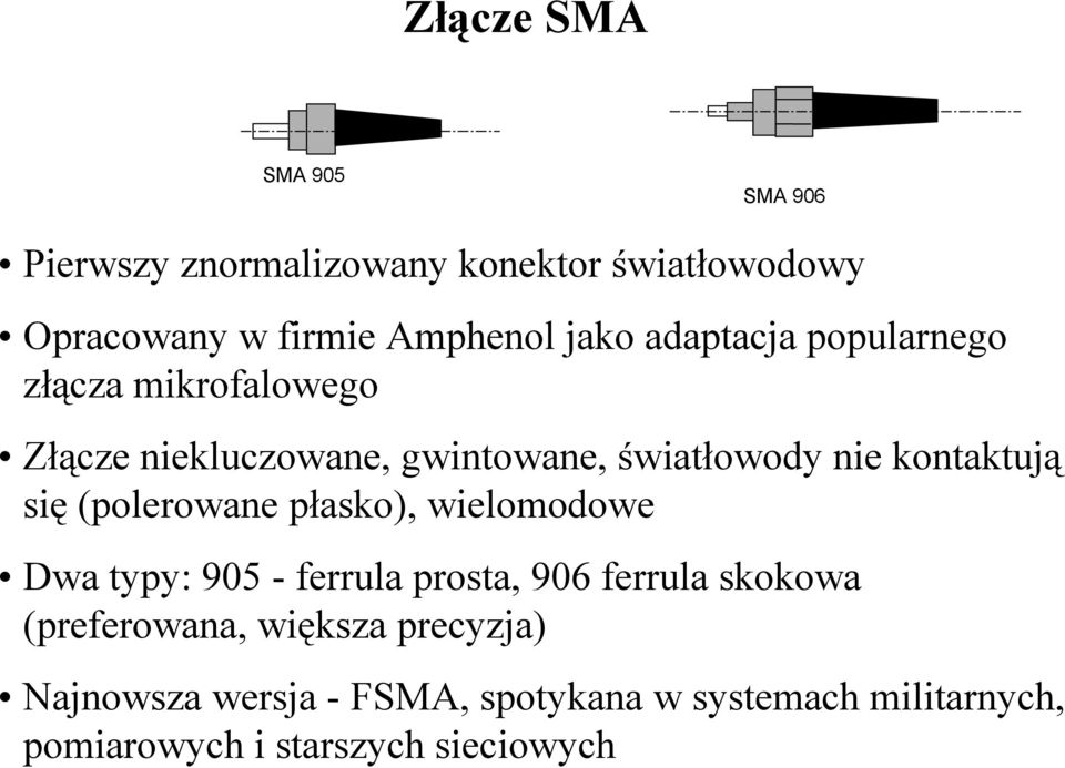 kontaktują się (polerowane płasko), wielomodowe Dwa typy: 905 - ferrula prosta, 906 ferrula skokowa