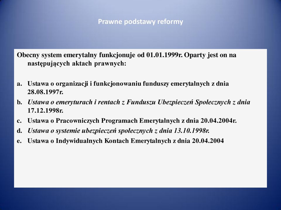 1997r. b. Ustawa o emeryturach i rentach z Funduszu Ubezpieczeń Społecznych z dnia 17.12.1998r. c.