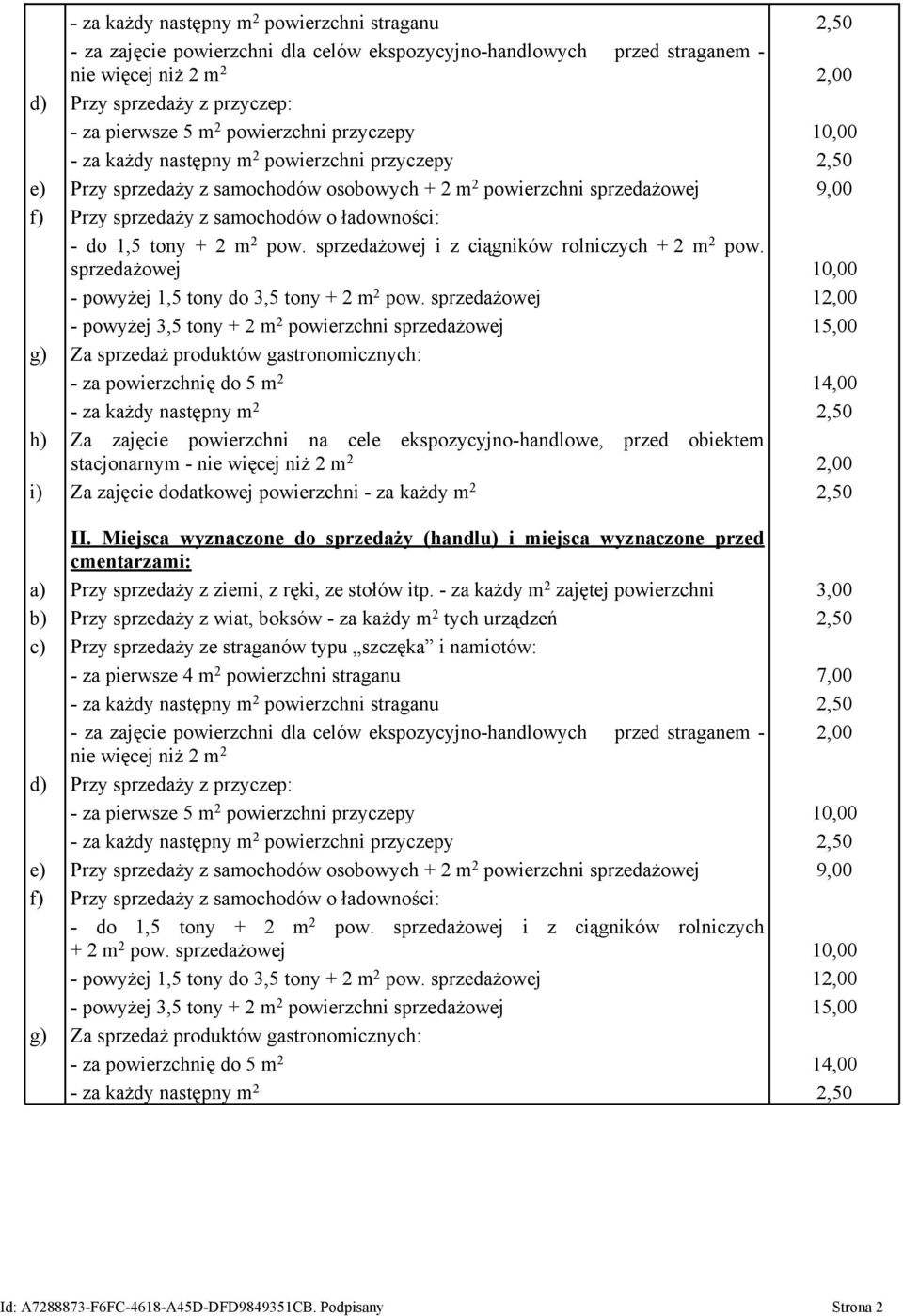 ładowności: - do 1,5 tony + 2 m 2 pow. sprzedażowej i z ciągników rolniczych + 2 m 2 pow. sprzedażowej 10,00 - powyżej 1,5 tony do 3,5 tony + 2 m 2 pow.