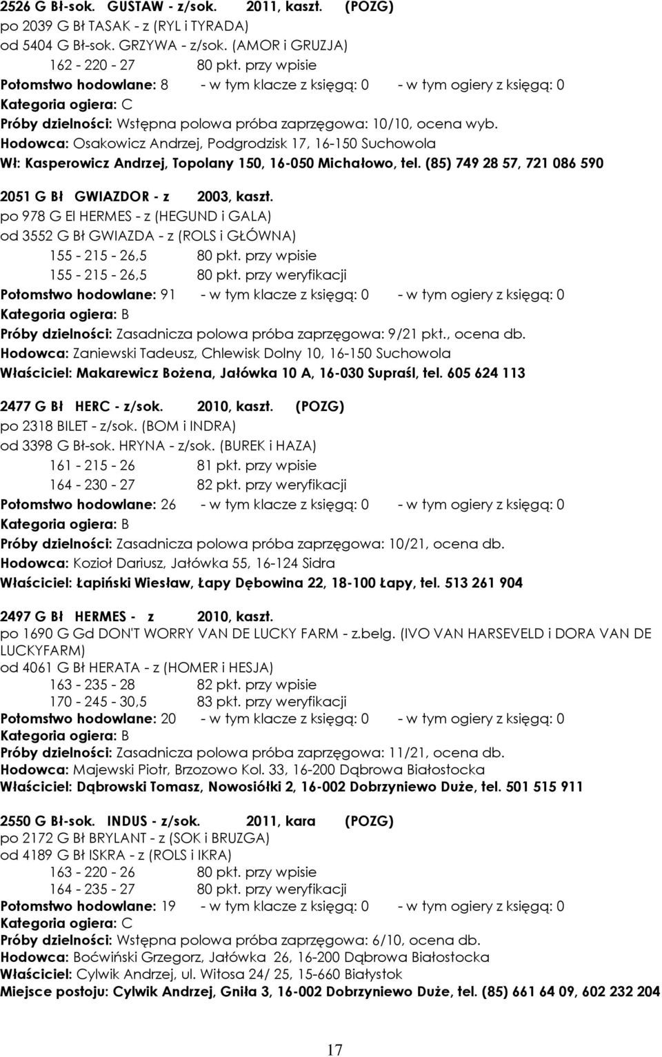 Hodowca: Osakowicz Andrzej, Podgrodzisk 17, 16-150 Suchowola Wł: Kasperowicz Andrzej, Topolany 150, 16-050 Michałowo, tel. (85) 749 28 57, 721 086 590 2051 G Bł GWIAZDOR - z 2003, kaszt.