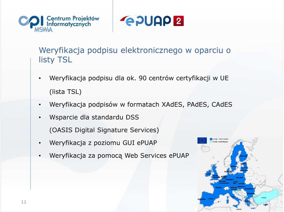 90 centrów certyfikacji w UE (lista TSL) Weryfikacja podpisów w formatach