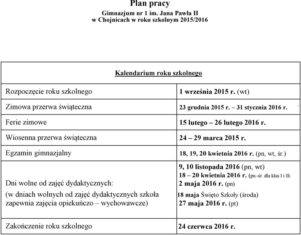 ) Dni wolne od zajęć dydaktycznych: 9, 10 listopada 2016 (pn, wt) 18 20 kwietnia 2016 r. (pn.-śr. dla klas I i II) 2 maja 2016 r.