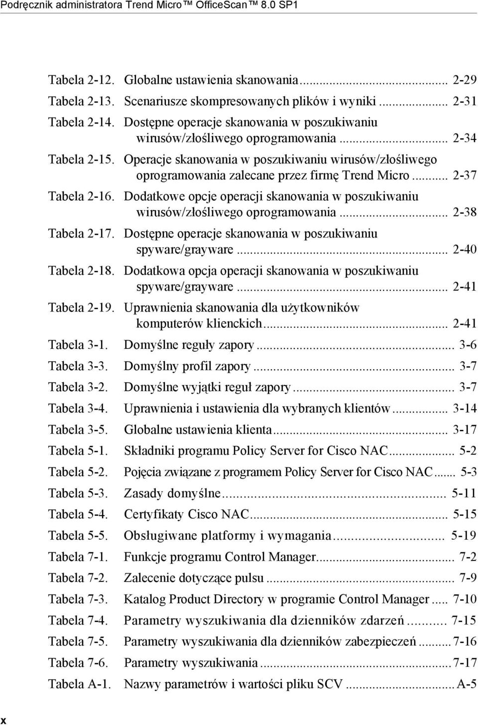 Operacje skanowania w poszukiwaniu wirusów/złośliwego oprogramowania zalecane przez firmę Trend Micro... 2-37 Tabela 2-16.