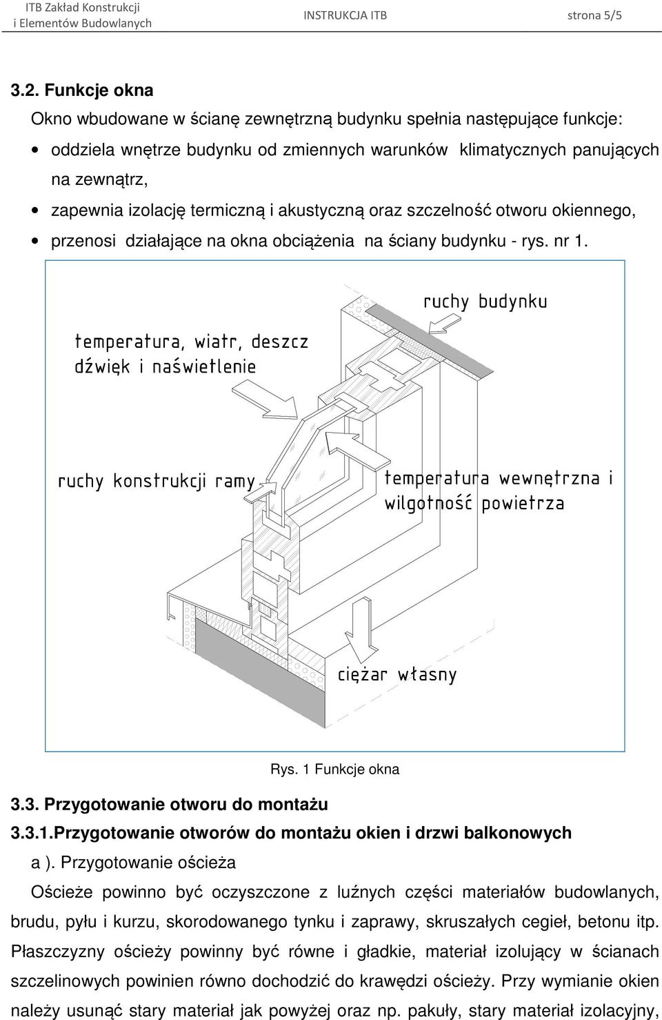 akustyczną oraz szczelność otworu okiennego, przenosi działające na okna obciążenia na ściany budynku - rys. nr 1. Rys. 1 Funkcje okna 3.3. Przygotowanie otworu do montażu 3.3.1.Przygotowanie otworów do montażu okien i drzwi balkonowych a ).