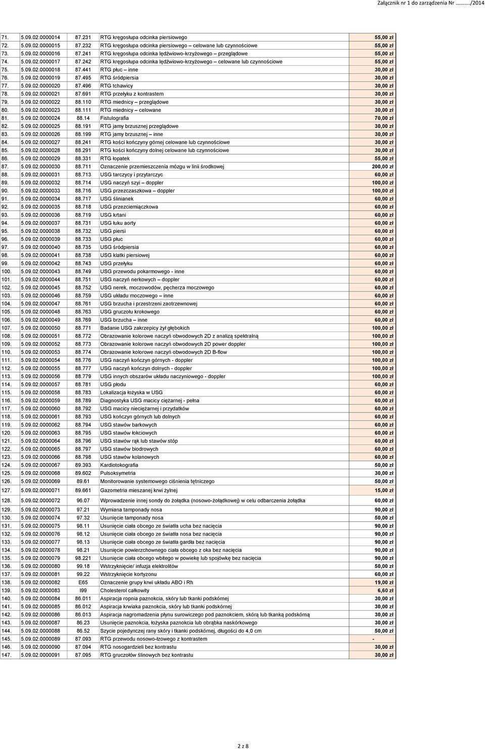441 RTG płuc inne 30,00 zł 76. 5.09.02.0000019 87.495 RTG śródpiersia 30,00 zł 77. 5.09.02.0000020 87.496 RTG tchawicy 30,00 zł 78. 5.09.02.0000021 87.691 RTG przełyku z kontrastem 30,00 zł 79. 5.09.02.0000022 88.