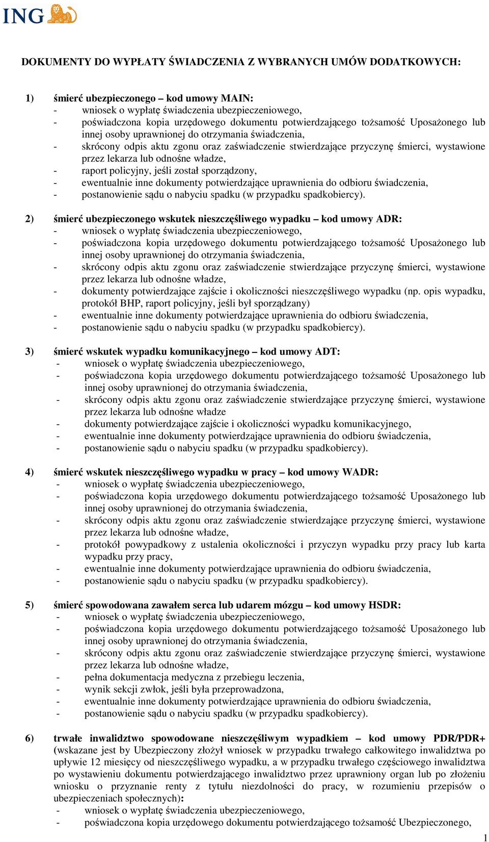 zajście i okoliczności wypadku komunikacyjnego, 4) śmierć wskutek nieszczęśliwego wypadku w pracy kod umowy WADR: - protokół powypadkowy z ustalenia okoliczności i przyczyn wypadku przy pracy lub