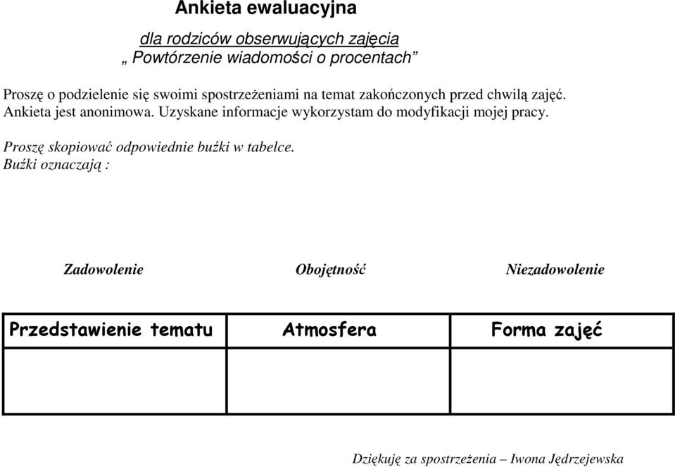 Uzyskane informacje wykorzystam do modyfikacji mojej pracy. Proszę skopiować odpowiednie buźki w tabelce.