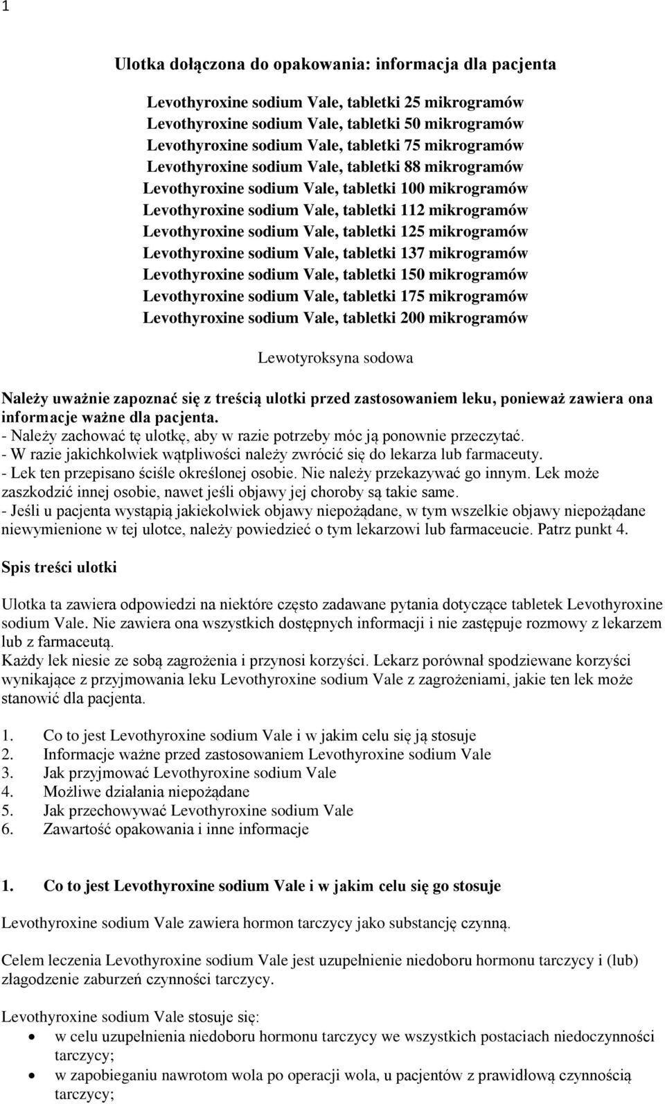 tabletki 125 mikrogramów Levothyroxine sodium Vale, tabletki 137 mikrogramów Levothyroxine sodium Vale, tabletki 150 mikrogramów Levothyroxine sodium Vale, tabletki 175 mikrogramów Levothyroxine