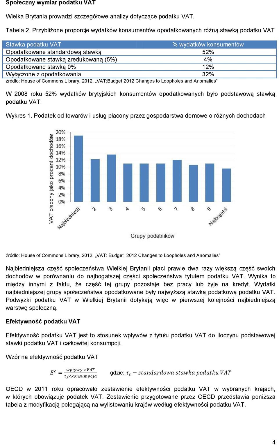 4% Opodatkowane stawką 0% 12% Wyłączone z opodatkowania 32% źródło: House of Commons Library, 2012, VAT:Budget 2012 Changes to Loopholes and Anomalies W 2008 roku 52% wydatków brytyjskich konsumentów