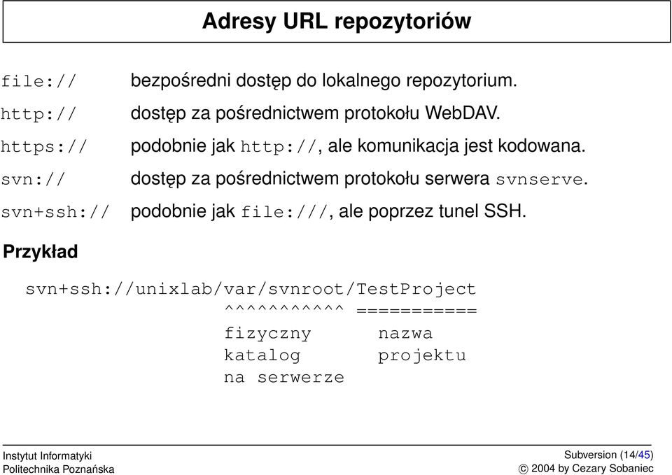 dostęp za pośrednictwem protokołu serwera svnserve. podobnie jak file:///, ale poprzez tunel SSH.