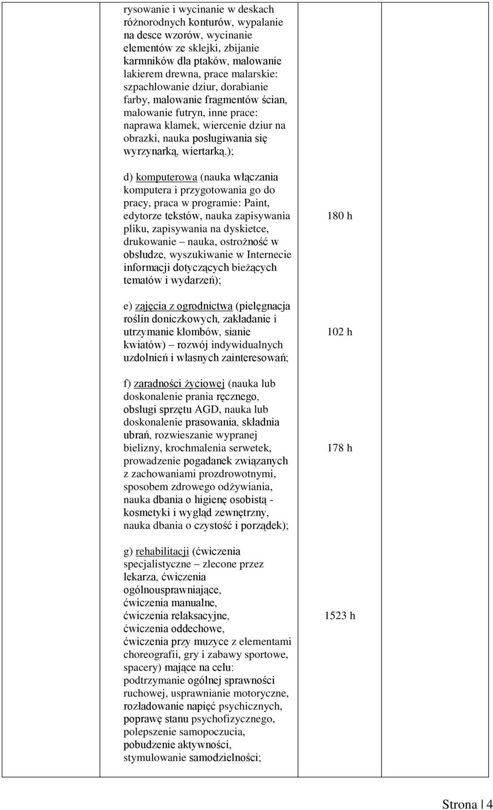 ); d) komputerowa (nauka włączania komputera i przygotowania go do pracy, praca w programie: Paint, edytorze tekstów, nauka zapisywania pliku, zapisywania na dyskietce, drukowanie nauka, ostrożność w