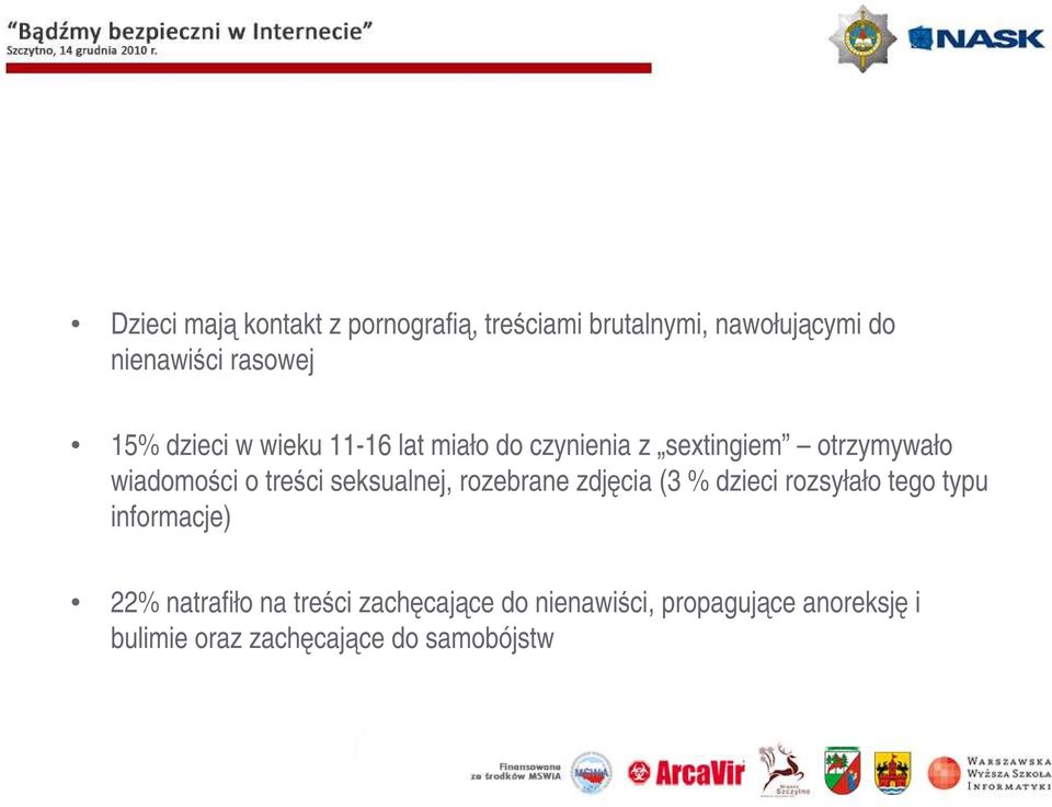 seksualnej, rozebrane zdjęcia (3 % dzieci rozsyłało tego typu informacje) 22% natrafiło na