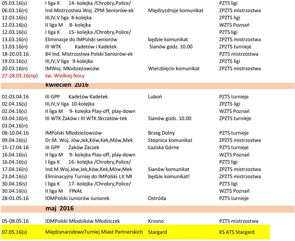 10.00 ZPZTS turnieje 18-20.03.16 84 Ind. Mistrzostwa Polski Seniorów-ek PZTS mistrzostwa 19.03.16(s) III,IV,V liga 9-kolejka ZPZTS ligi 20.03.16(n) IMWoj.