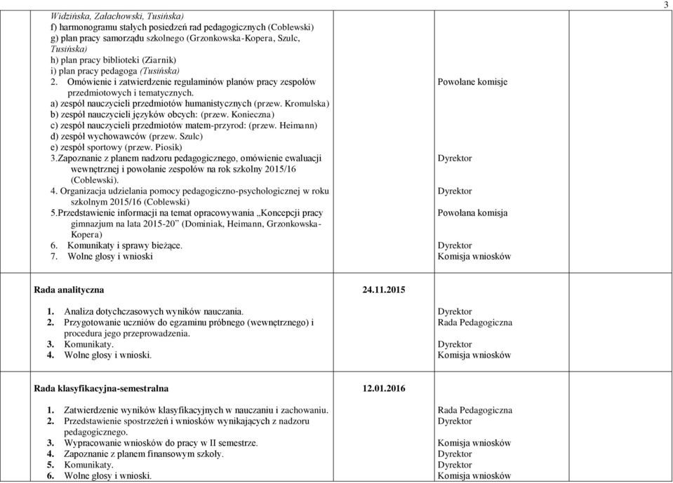 Kromulska) b) zespół nauczycieli języków obcych: (przew. Konieczna) c) zespół nauczycieli przedmiotów matem-przyrod: (przew. Heimann) d) zespół wychowawców (przew. Szulc) e) zespół sportowy (przew.