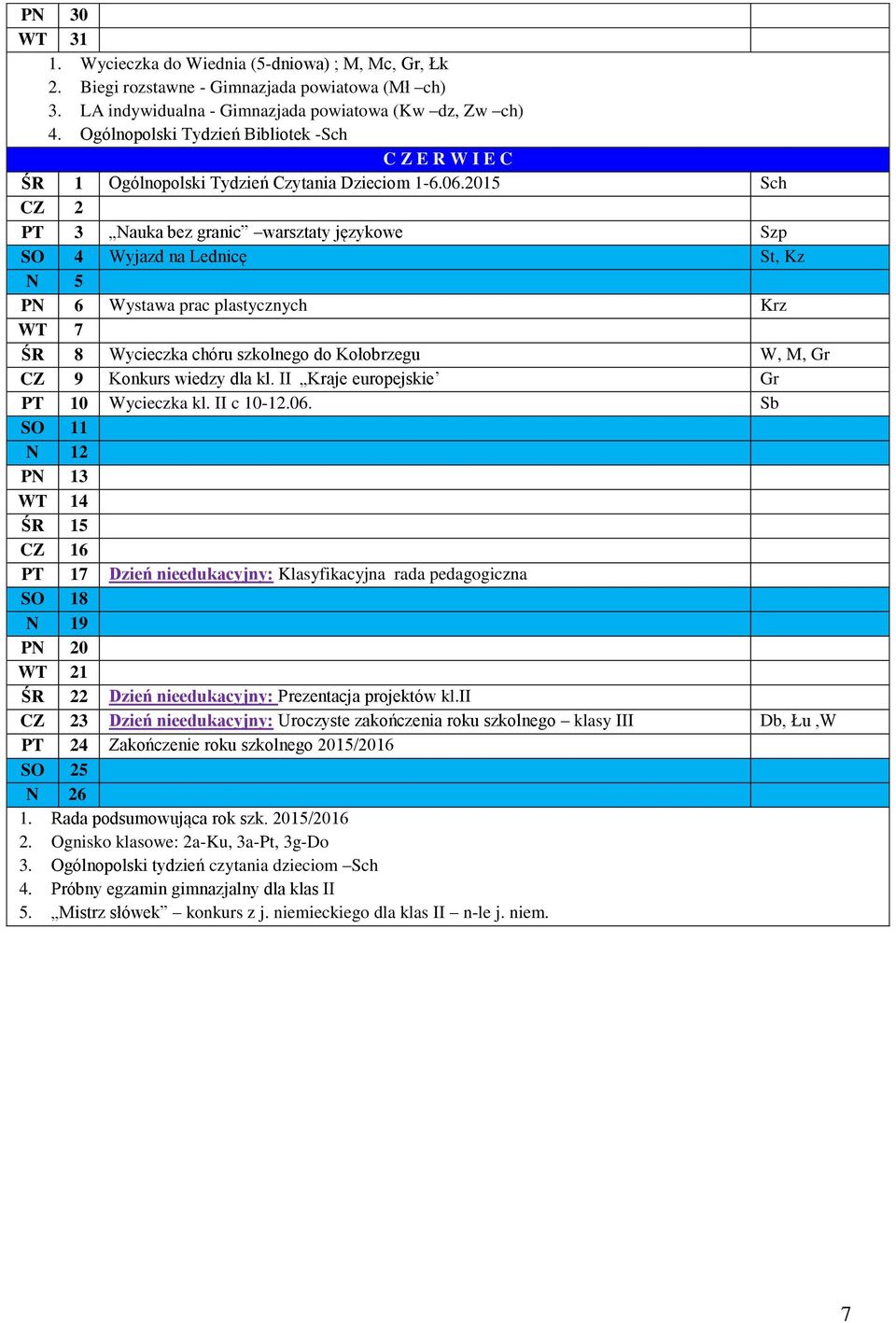 2015 Sch CZ 2 PT 3 Nauka bez granic warsztaty językowe Szp SO 4 Wyjazd na Lednicę St, Kz N 5 PN 6 Wystawa prac plastycznych Krz WT 7 ŚR 8 Wycieczka chóru szkolnego do Kołobrzegu W, M, Gr CZ 9 Konkurs