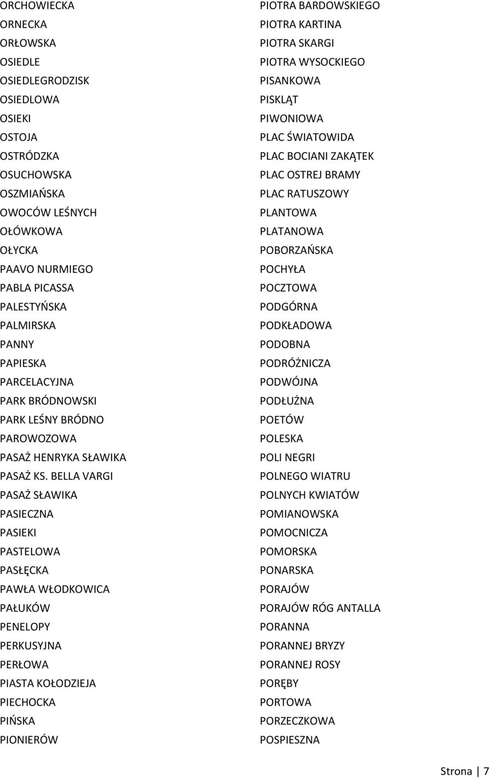 BELLA VARGI PASAŻ SŁAWIKA PASIECZNA PASIEKI PASTELOWA PASŁĘCKA PAWŁA WŁODKOWICA PAŁUKÓW PENELOPY PERKUSYJNA PERŁOWA PIASTA KOŁODZIEJA PIECHOCKA PIOSKA PIONIERÓW PIOTRA BARDOWSKIEGO PIOTRA KARTINA