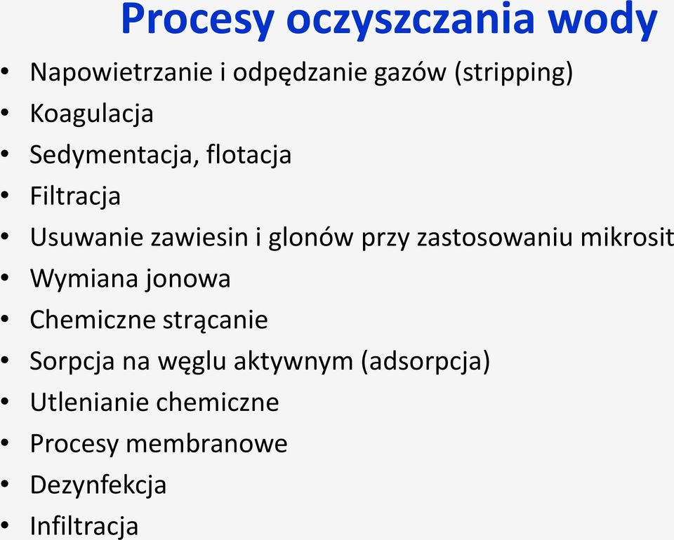 zastosowaniu mikrosit Wymiana jonowa Chemiczne strącanie Sorpcja na węglu