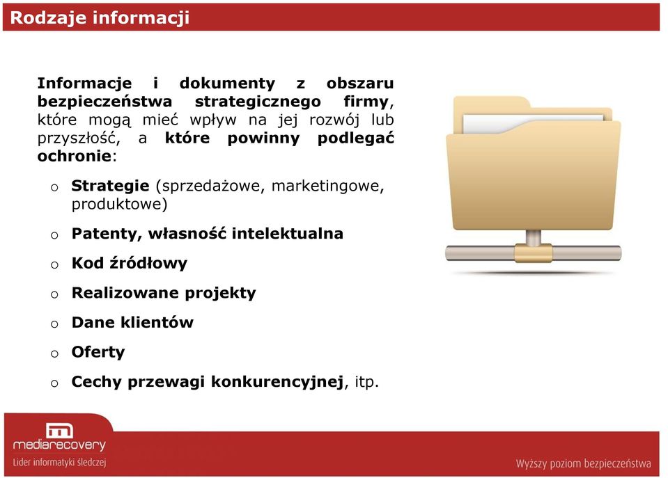 o o o o o Strategie (sprzedażowe, marketingowe, produktowe) Patenty, własność
