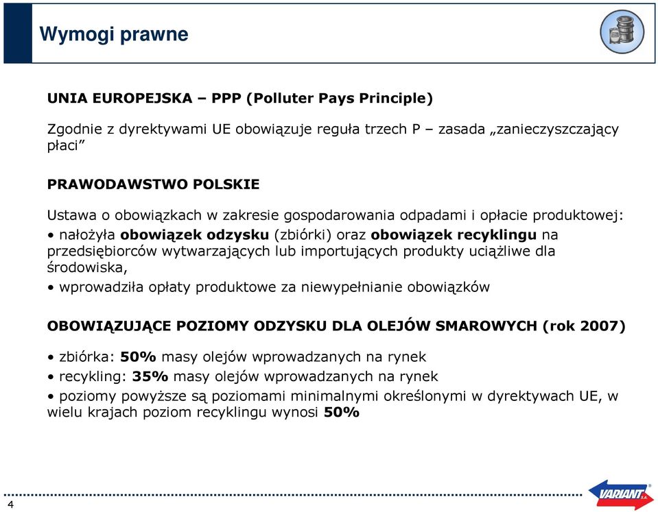 importujących produkty uciążliwe dla środowiska, wprowadziła opłaty produktowe za niewypełnianie obowiązków OBOWIĄZUJĄCE POZIOMY ODZYSKU DLA OLEJÓW SMAROWYCH (rok 2007) zbiórka: 50%