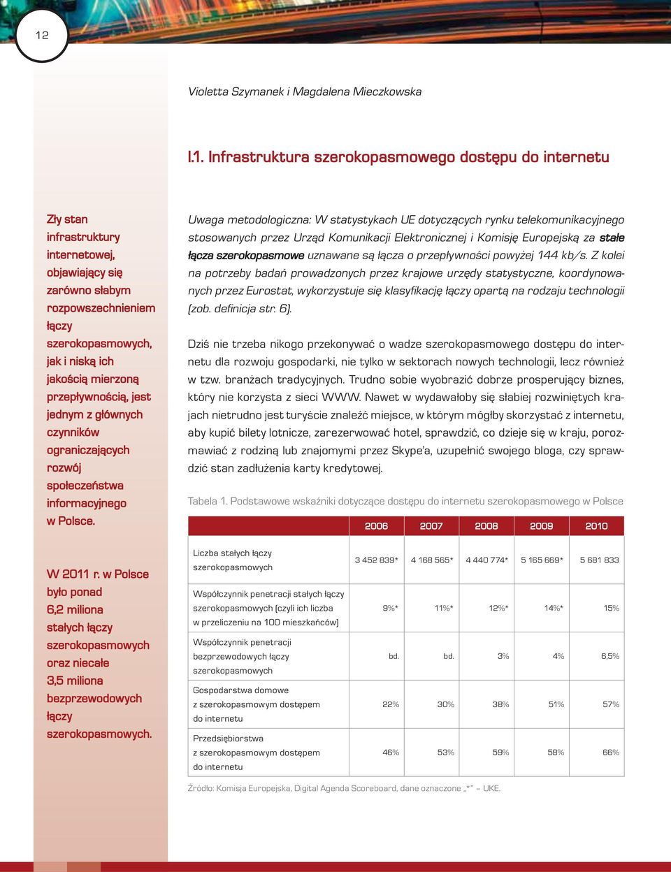 Uwaga metodologiczna: W statystykach UE dotyczących rynku telekomunikacyjnego stosowanych przez Urząd Komunikacji Elektronicznej i Komisję Europejską za stałe łącza szerokopasmowe uznawane są łącza o
