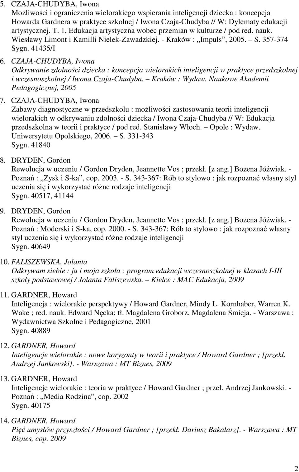 CZAJA-CHUDYBA, Iwona Odkrywanie zdolności dziecka : koncepcja wielorakich inteligencji w praktyce przedszkolnej i wczesnoszkolnej / Iwona Czaja-Chudyba. Kraków : Wydaw.