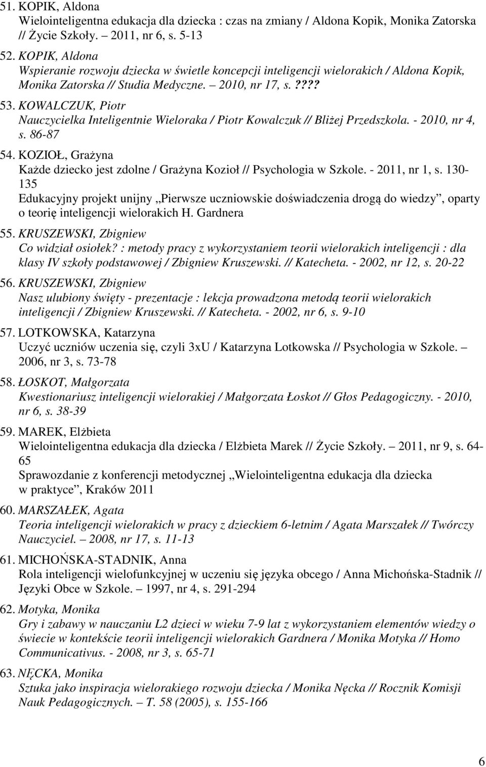 KOWALCZUK, Piotr Nauczycielka Inteligentnie Wieloraka / Piotr Kowalczuk // Bliżej Przedszkola. - 2010, nr 4, s. 86-87 54.