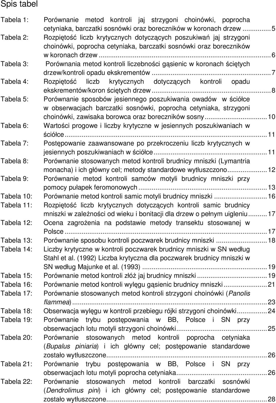 .. 6 Tabela 3: Porównania metod kontroli liczebności gąsienic w koronach ściętych drzew/kontroli opadu ekskrementów.