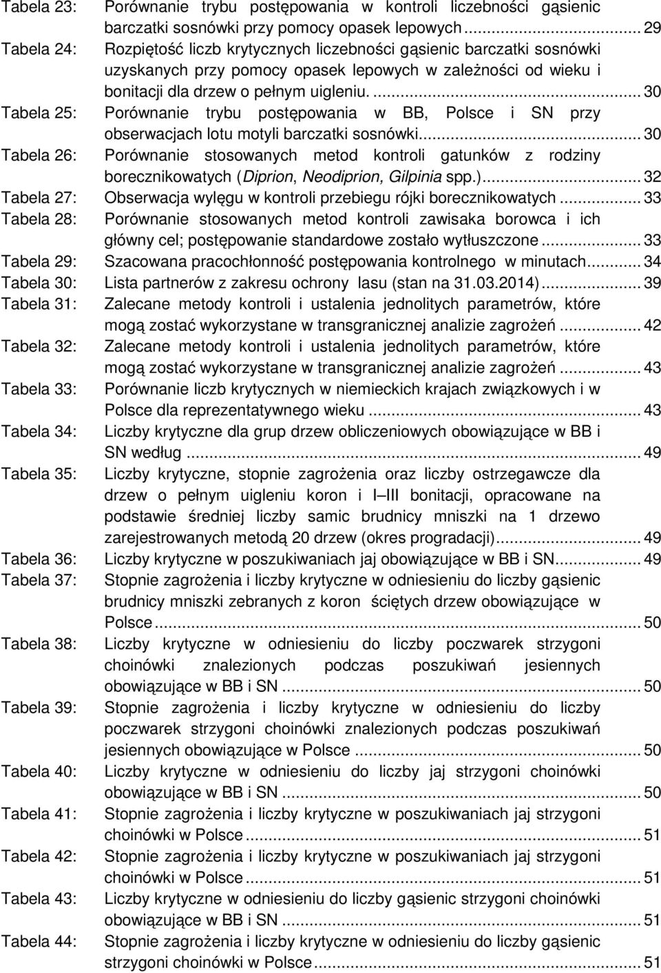 ... 30 Tabela 25: Porównanie trybu postępowania w BB, Polsce i SN przy obserwacjach lotu motyli barczatki sosnówki.