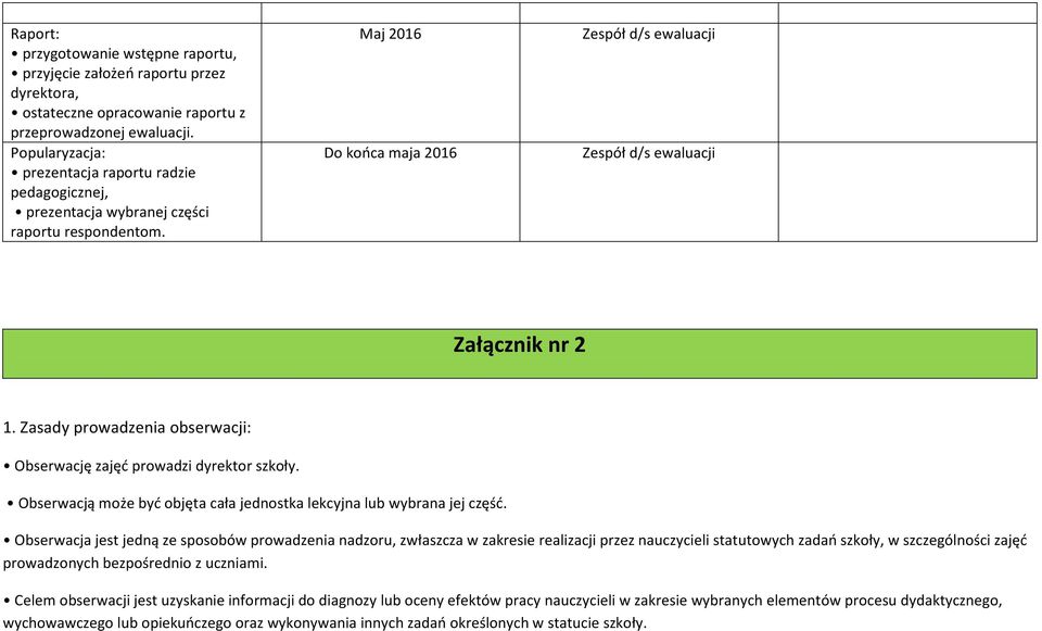 Zasady prowadzenia obserwacji: Obserwację zajęć prowadzi dyrektor szkoły. Obserwacją może być objęta cała jednostka lekcyjna lub wybrana jej część.