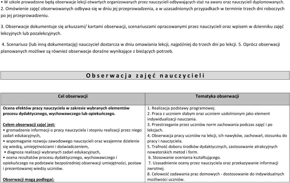 Obserwacje dokumentuje się arkuszami/ kartami obserwacji, scenariuszami opracowanymi przez nauczycieli oraz wpisem w dzienniku zajęć lekcyjnych lub pozalekcyjnych. 4.